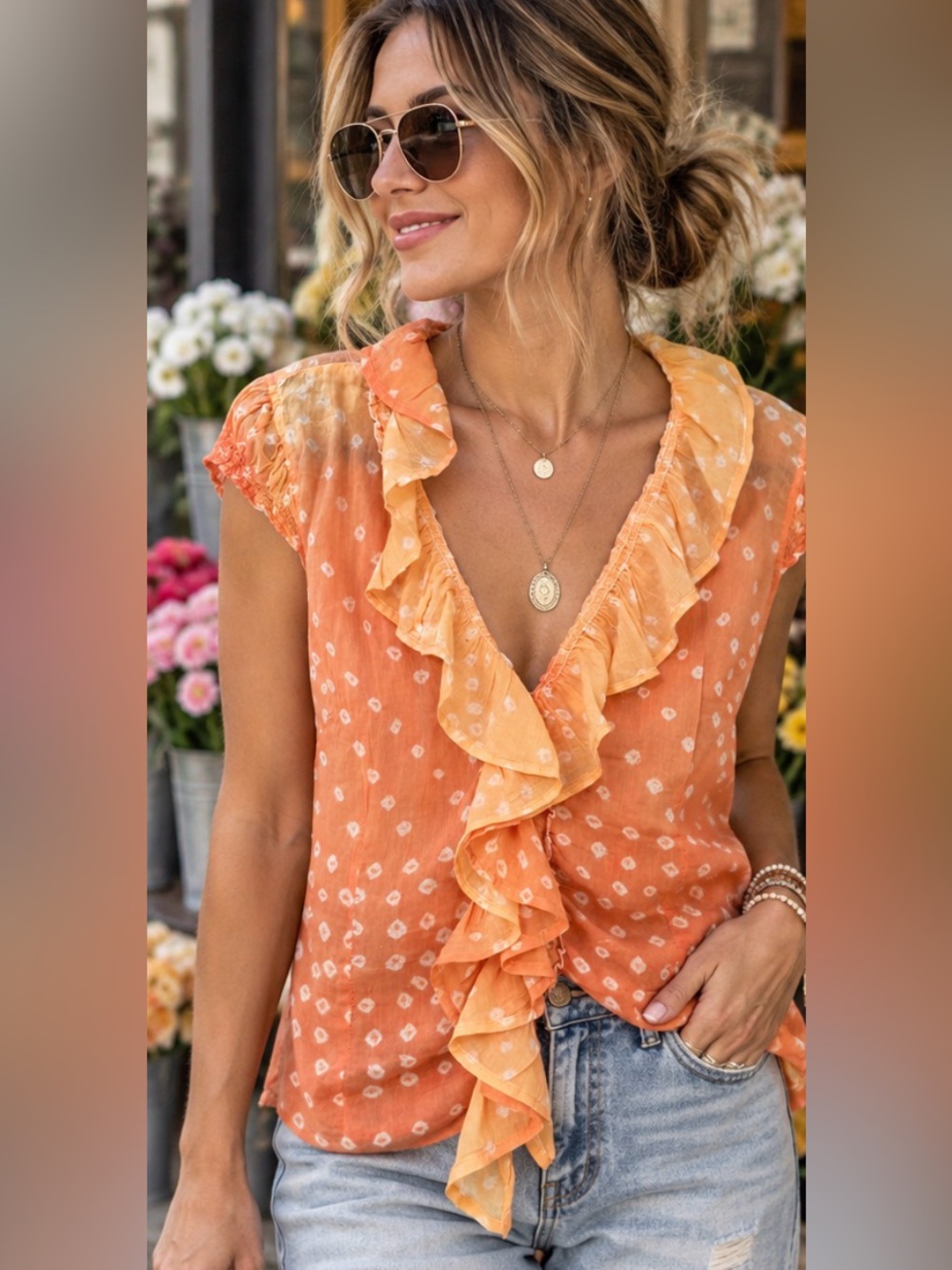 Karma Highway Orange Bandhani Ruffle Boho Cotton Top